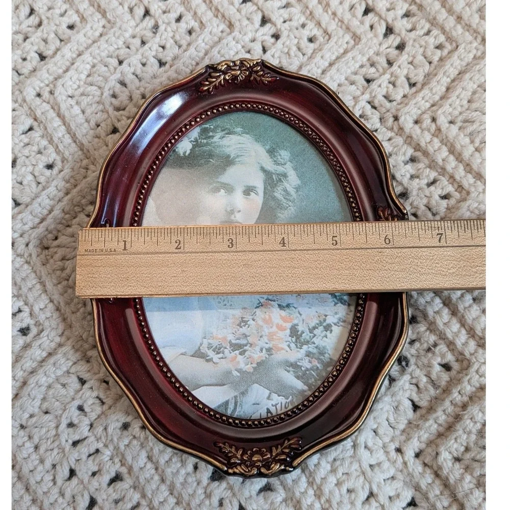 Vintage Plastic Oval Burgundy Gold Floral Picture Frame Victorian Scalloped Edge